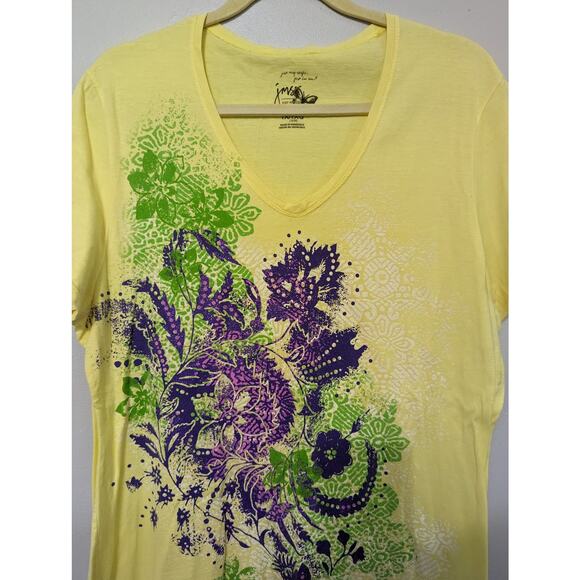 Just My Size Women's Yellow/Green/Purple Print T Shirt V Neck Size 1X/16W - Picture 2 of 4
